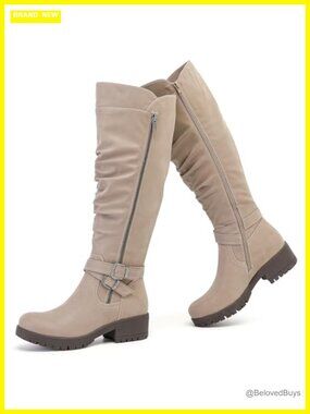 Women's Knee High Riding Boots Faux Leather Round Toe Flat Side Zip